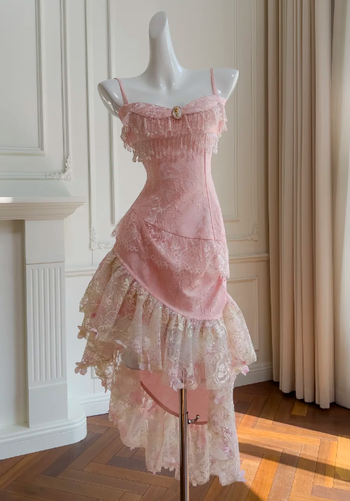 Sweet Homecoming Dress Light Pink Spaghetti Straps Lace Birthday Party Dress Cocktail Dress cc5766