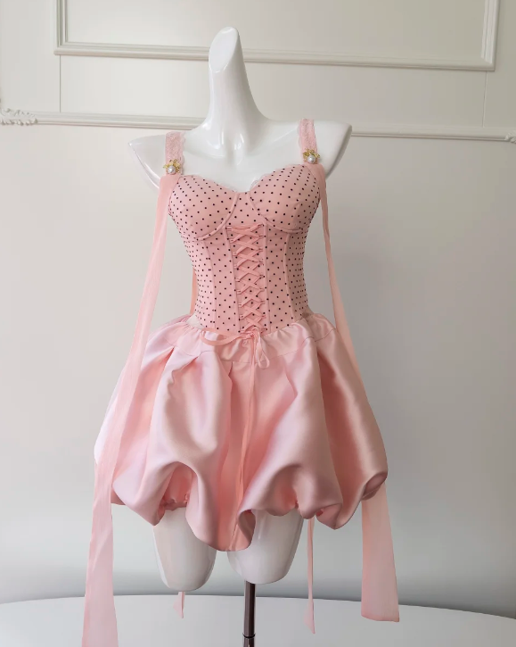 Lovely Homecoming Dress Light Pink Spaghetti Straps Polka Dot Birthday Party Dress Cocktail Dress cc5767