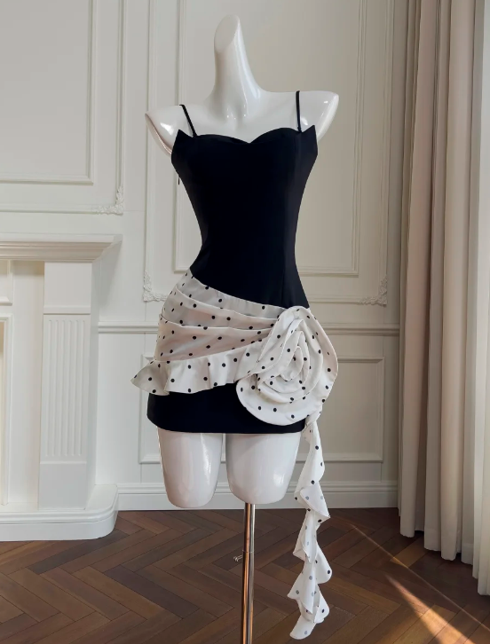 Pretty Homecoming Dress Black Spaghetti Straps Polka Dot Birthday Party Dress Cocktail Dress cc5769