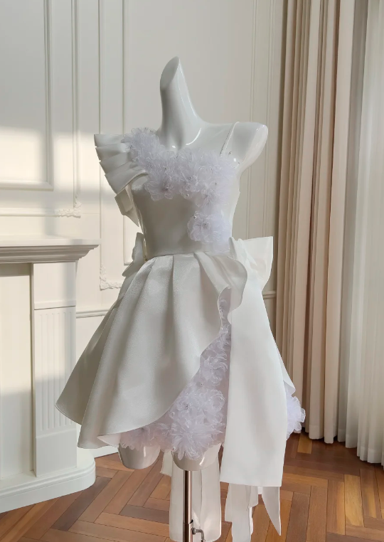 Beauty Homecoming Dress A Line White One Shoulder Floral Birthday Party Dress Cocktail Dress cc5772