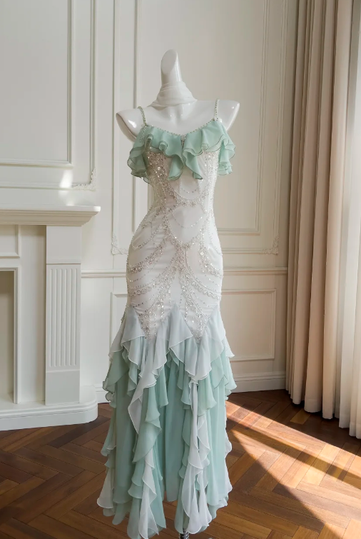 Chic Prom Dress Spaghetti Straps Ruffle Mermaid Gala Dress Long Evening Dress  cc5773