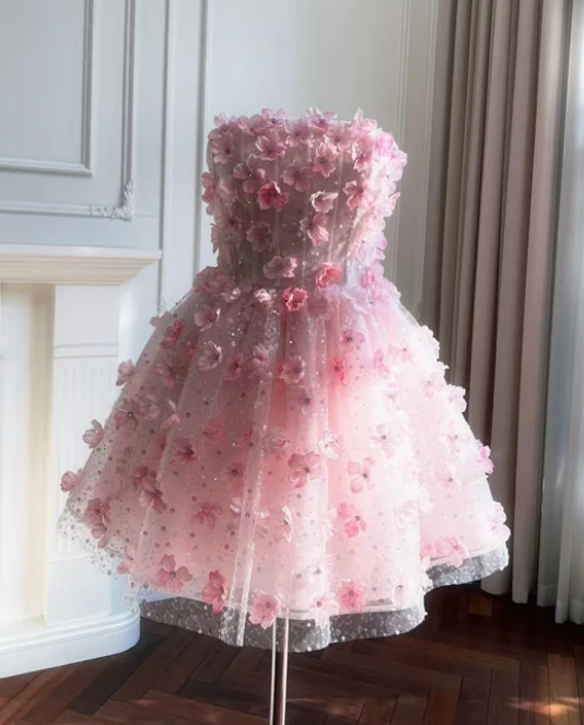 Stunning Homecoming Dress A Line Strapless Floral Birthday Party Dress Cocktail Dress cc5776