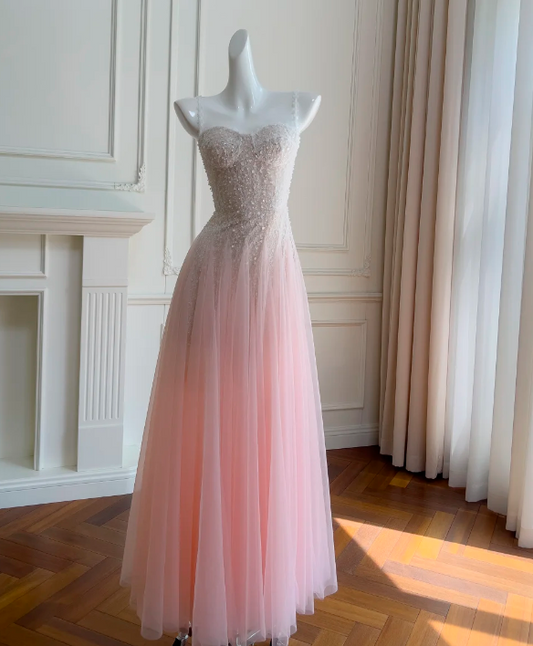 Pretty Prom Dress A Line Spaghetti Straps Pleated Tulle Gala Dress Long Evening Dress  cc5784