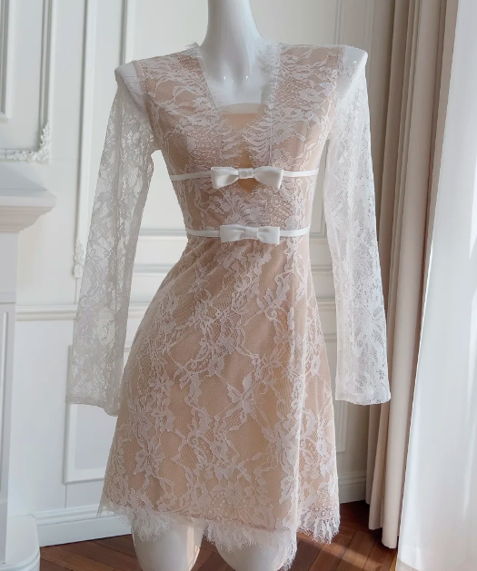 Charming Homecoming Dress A Line Crew Neck Lace Birthday Party Dress Cocktail Dress cc5790