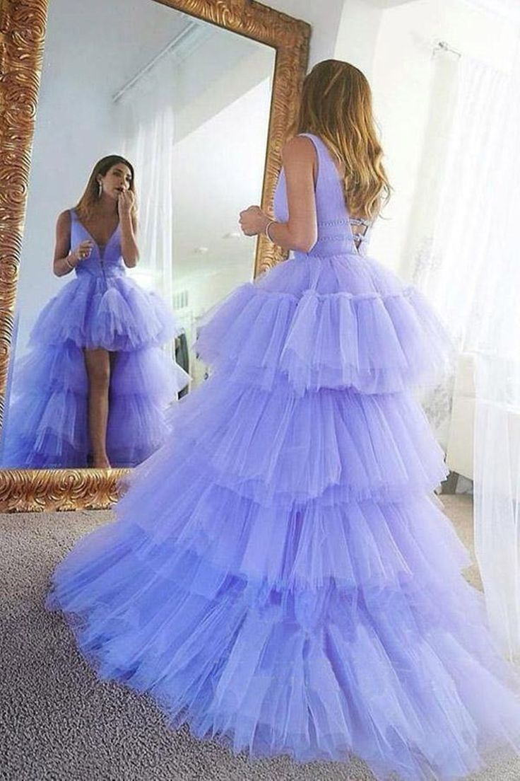 High Low V Neck Purple Tulle Long Prom Dress with Belt cc1147