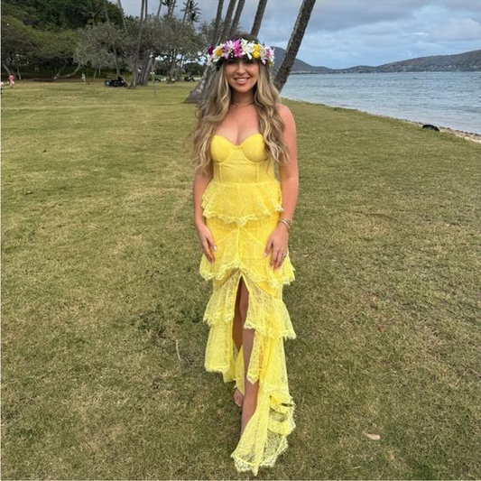 Sexy Yellow Lace Layered Slit Prom Dress Spaghetti Straps Long Party Evening Dress cc1530