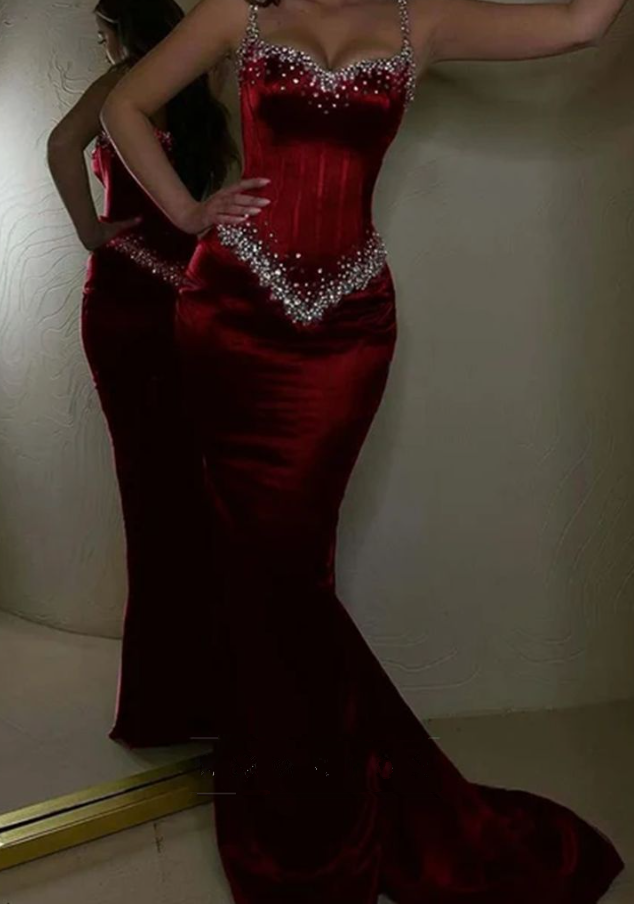 Stylish Red Mermiad Beaded Prom Dress Elegant Party Evening Gown cc1705
