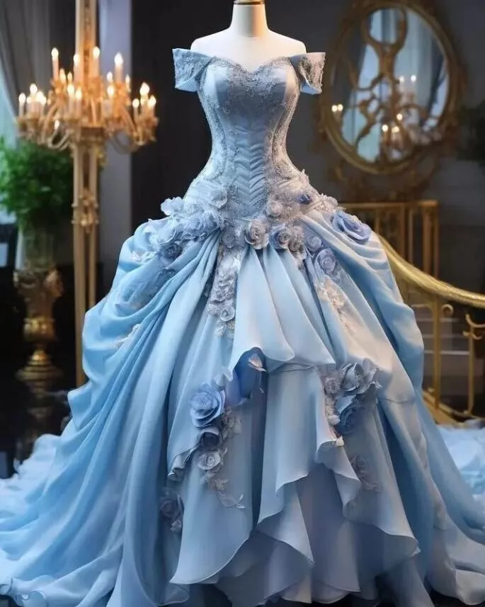 Luxury Off The Shoulder 3D Flowers Sweet 16 Ball Gown Princess Pleated Quinceanera Dress  cc1584