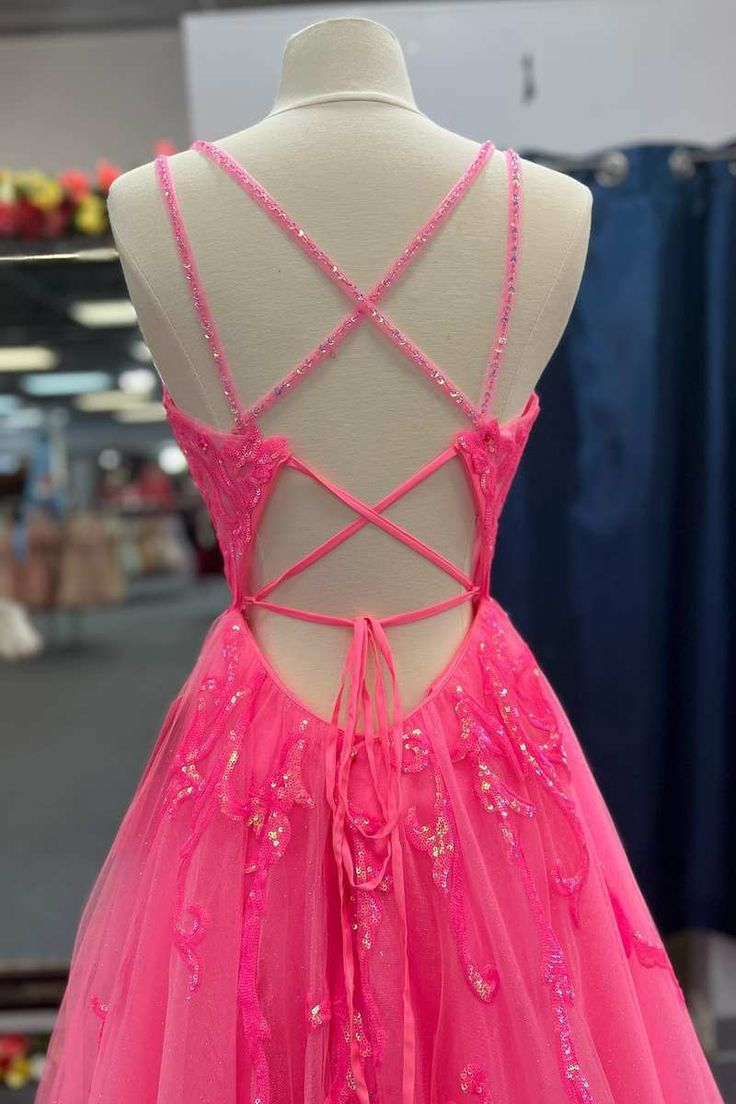 Hot Pink Tulle Appliques Lace-Up A-Line Long Prom Dress cc1006