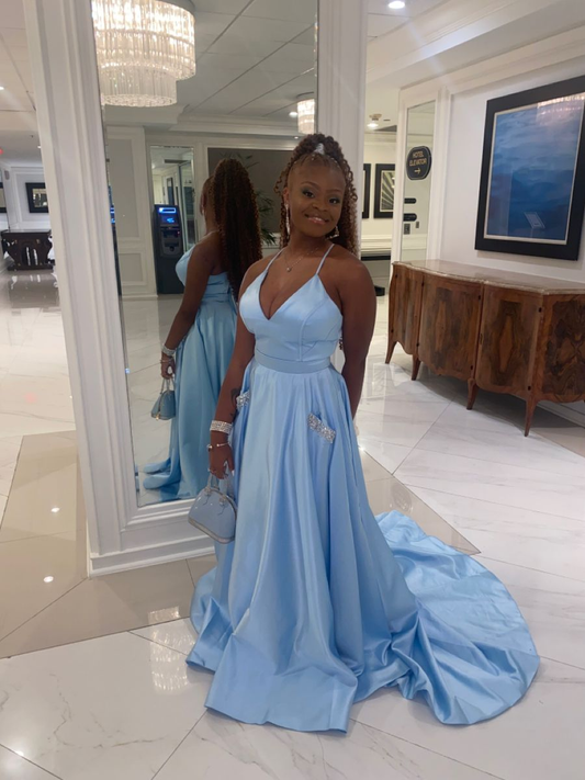 Classic Baby Blue Prom Dress with Pockets cc514