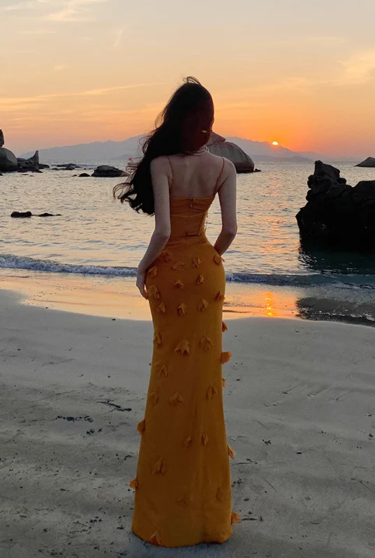 Unique Orange Mermaid Evening Gown Spaghetti Strap 3D Flower Long Prom Dress cc2434