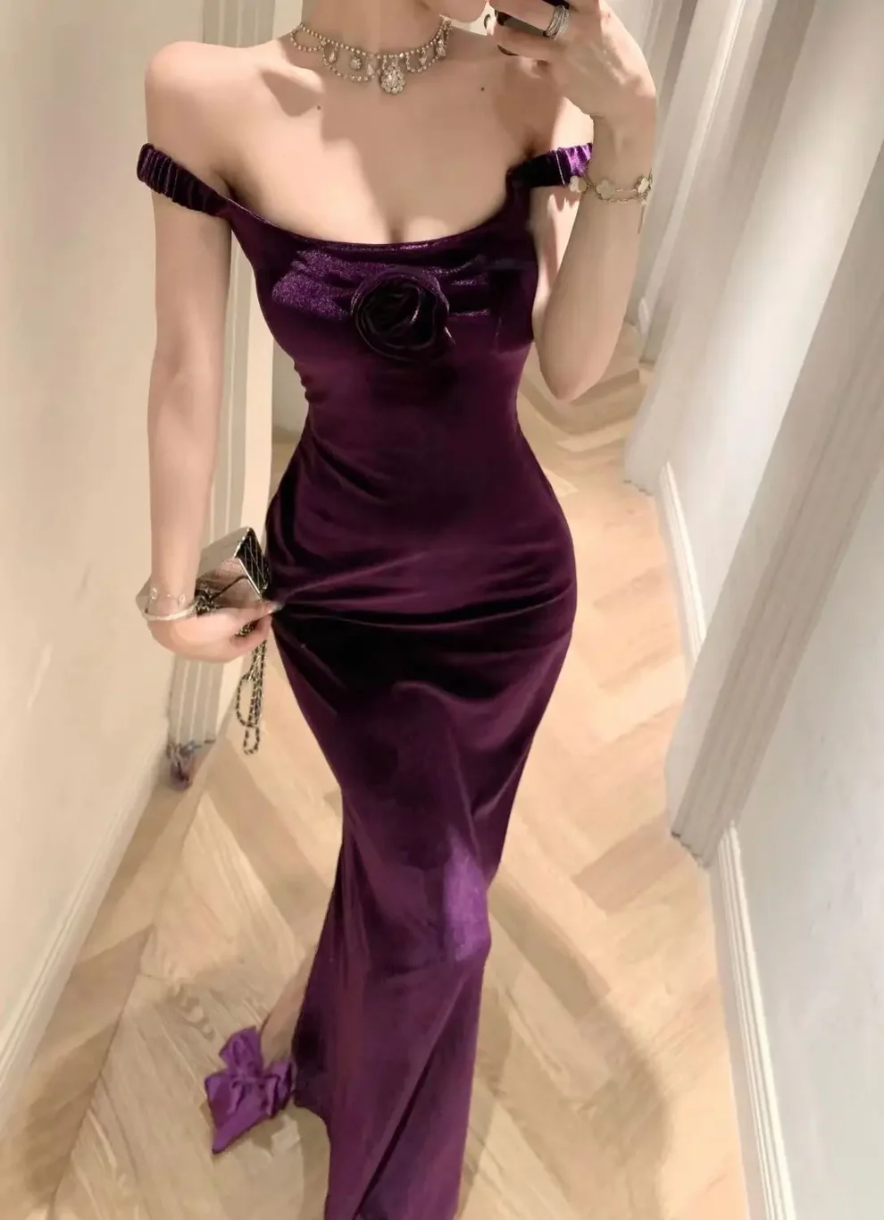 Purple Elegant Off Shoulder Mermaid Evening Dress,Velvet Slit Mermaid Party Prom Dress cc2604