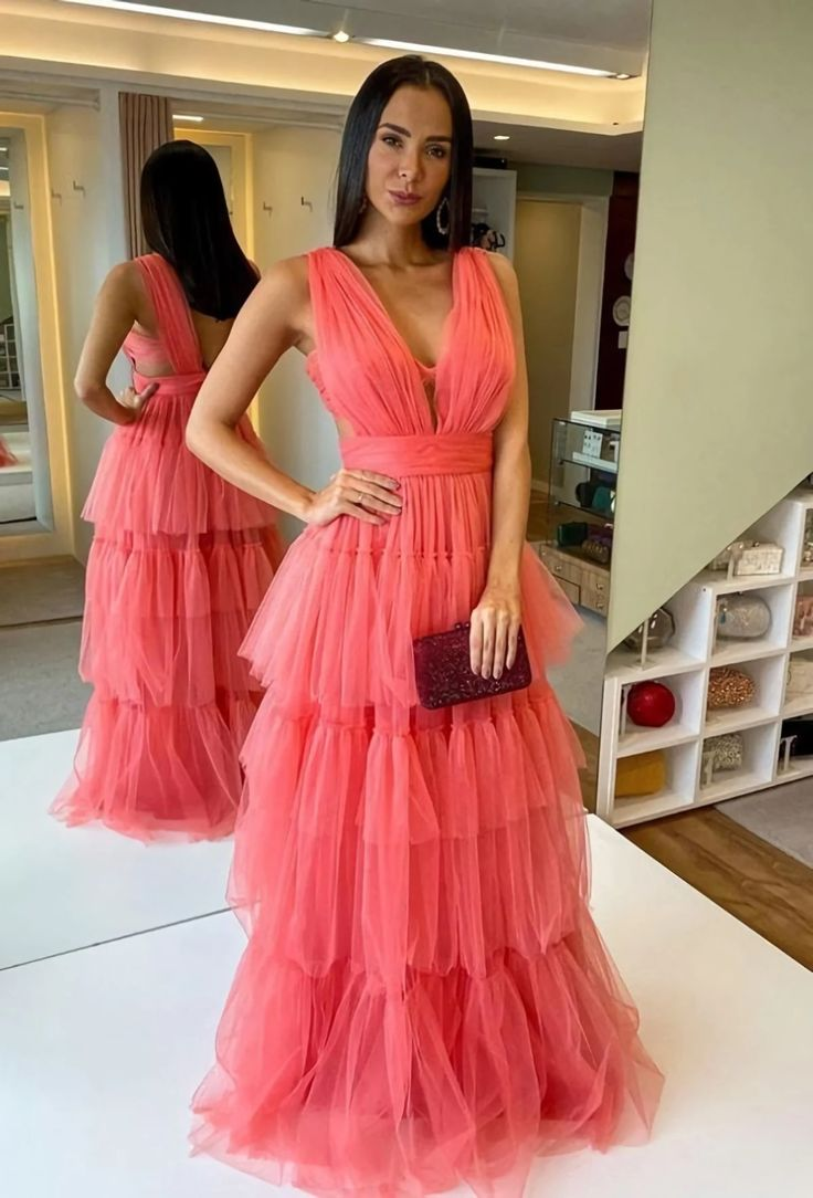 A-Line V Neck Tulle Prom Dresses cc792