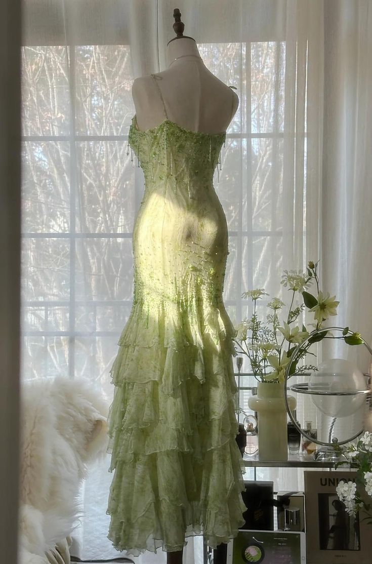 Classy Light Green Chiffon Beaded Mermaid Evening Dress,Spaghetti Straps Multi Layered Party Prom Dress cc3000