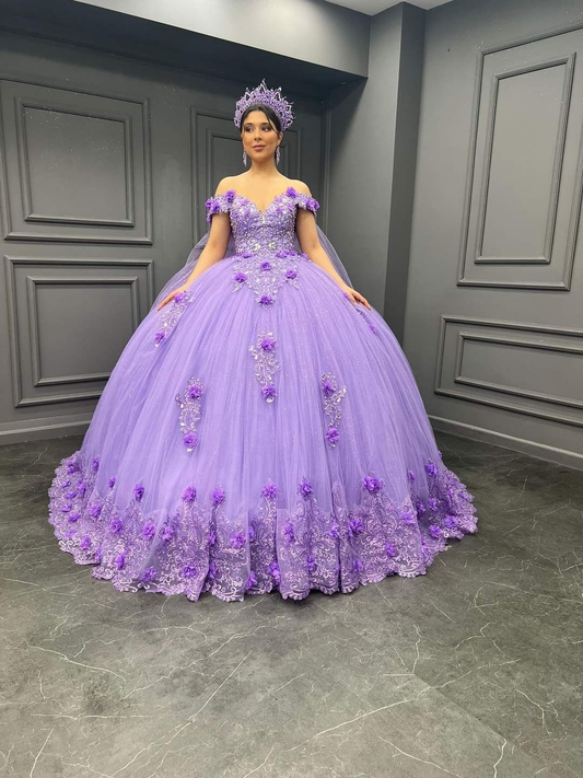 Princess Purple Off The Shoulder Ball Gown Quinceanera Dress Beaded Birthday Party Dress 3D Flowers cc579