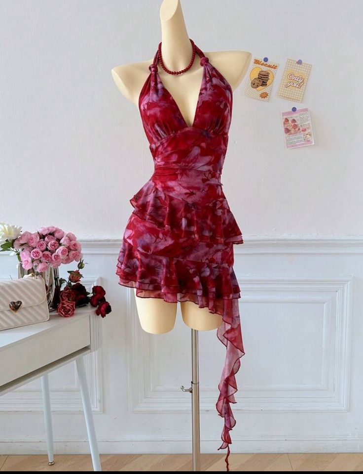 Vintage Halter Chiffon Ruffle Cocktail Dress Burgundy Short Homecoming Dress cc3362