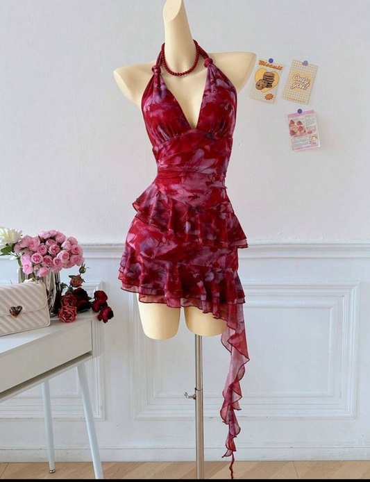 Vintage Halter Chiffon Ruffle Cocktail Dress Burgundy Short Homecoming Dress cc3362