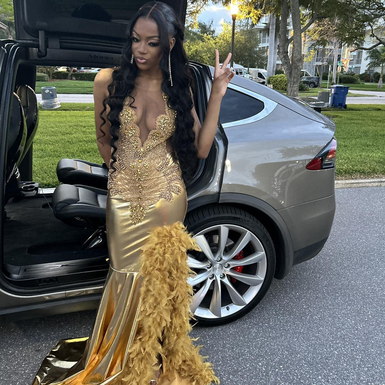 Luxurious Feathers Beaded Mermaid Evening Dress Gold Long Slit Prom Party Dress  cc2459