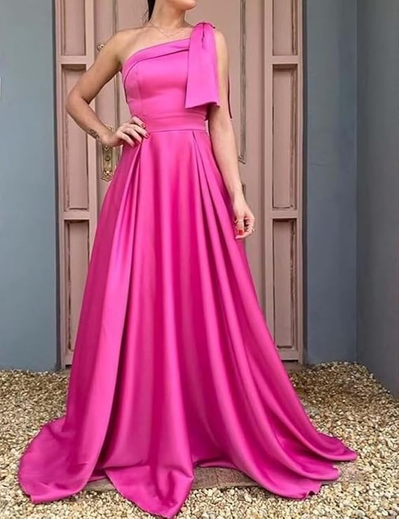 Women's One Shoulder Pink Satin Long Evening Dress  cc605