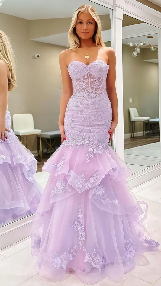 Charming Strapless Lilac Tulle Appliques Evening Dress Mermaid Prom Party Dress cc2236