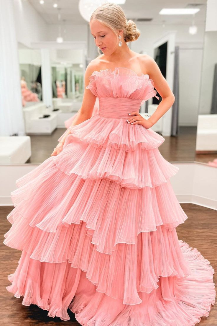 Strapless Layered Pink Tulle Long Prom Dress, Long Pink Formal Evening Dress cc776