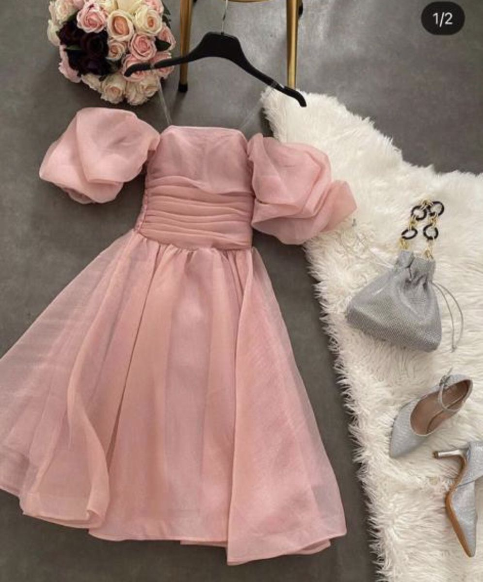 Retro Style A-line Dusty Pink Prom Dress,Puffy Sleeves Party Dress cc511