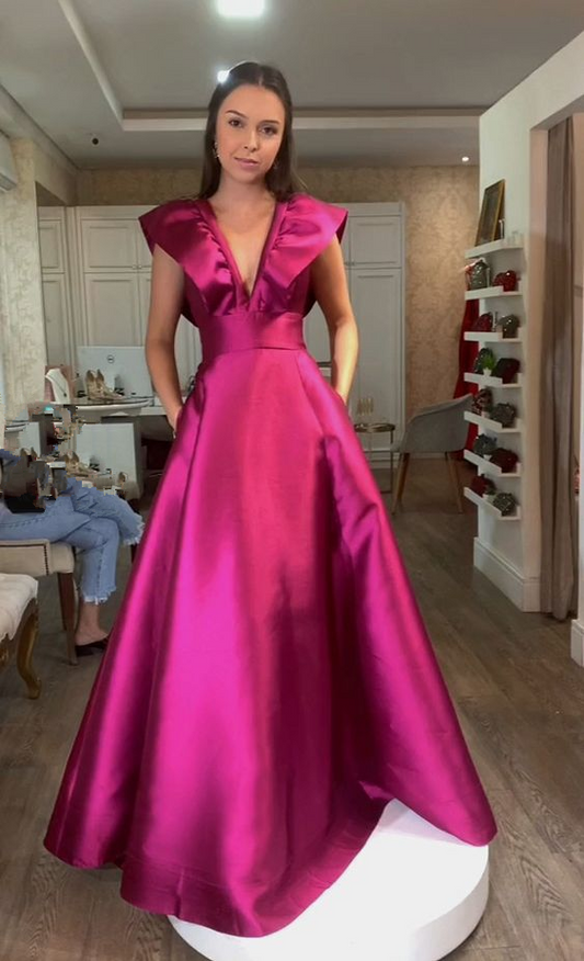 Romantic Formal Evening Dresses Simple Evening Dress Deep V Neck Long Dress Lady Girl Satin Prom Dress  cc1164