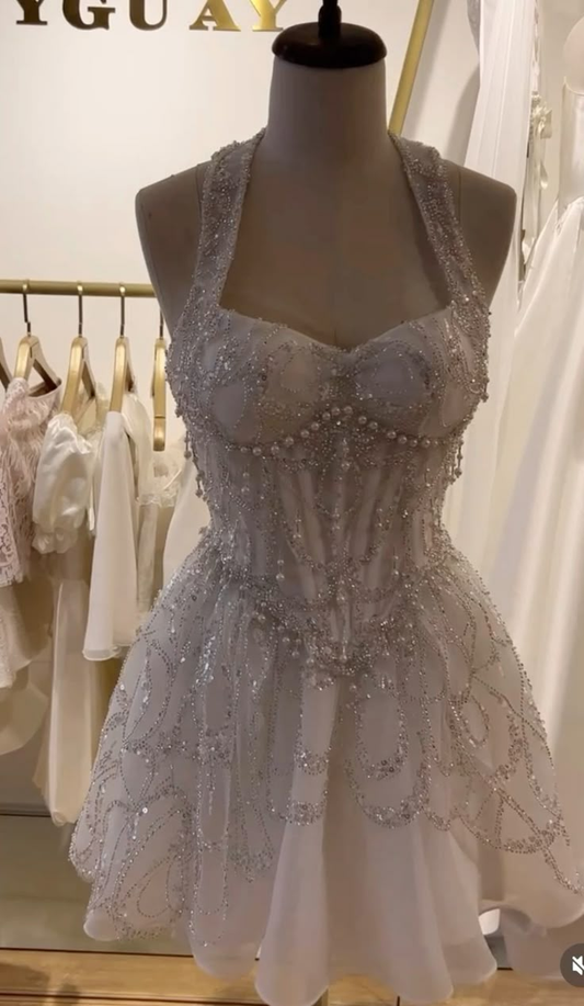 Beautiful White Tulle Beaded A Line Birthday Outfits Short Homecoming Dress Wedding Dress cc3153