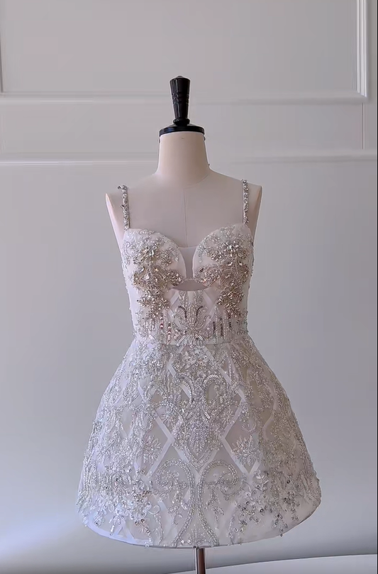 Gorgeous Spaghetti Straps Tulle Beaded Homecoming Dress White Short Birthday Outfits Wedding Dress cc3168