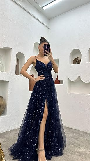Shiny Navy Blue A-line V Neck Tulle Prom Dress With Slit cc962