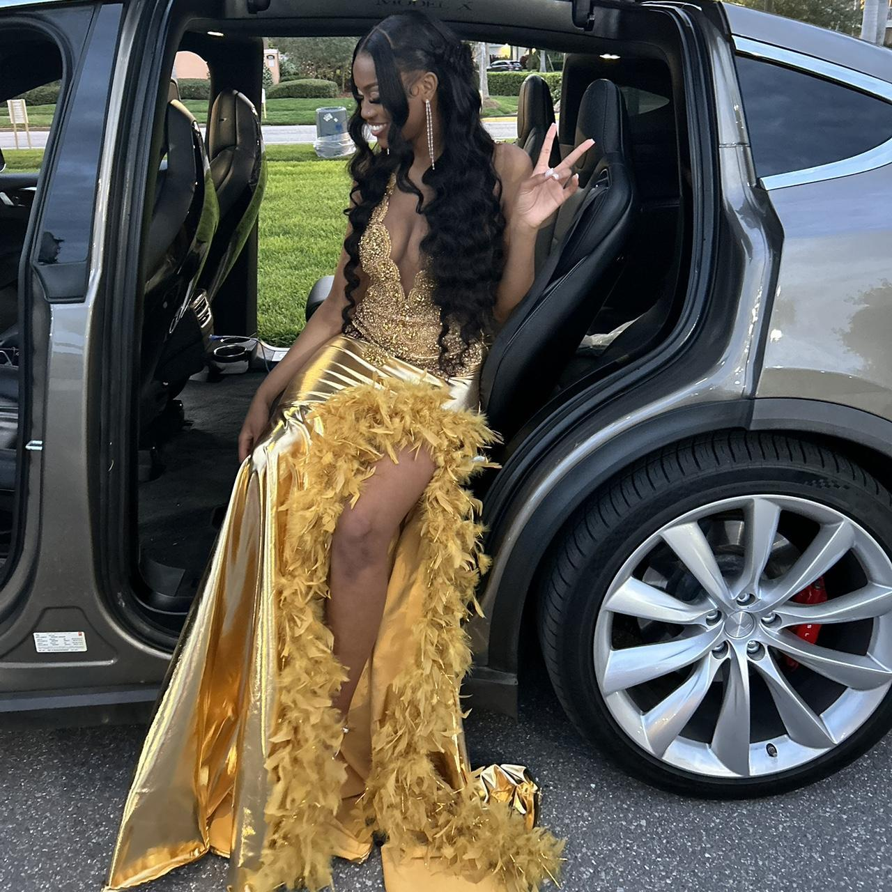 Luxurious Feathers Beaded Mermaid Evening Dress Gold Long Slit Prom Party Dress  cc2459