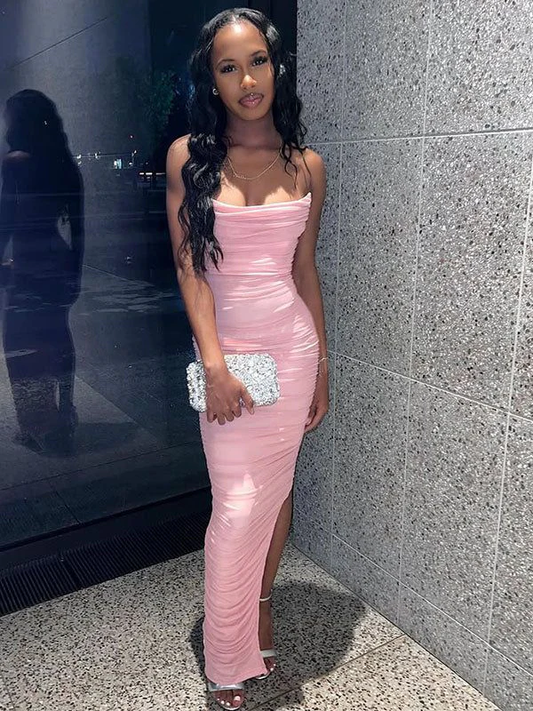Strapless Pink Mermaid Side Slit Pleated Long Party Prom Dress cc2287
