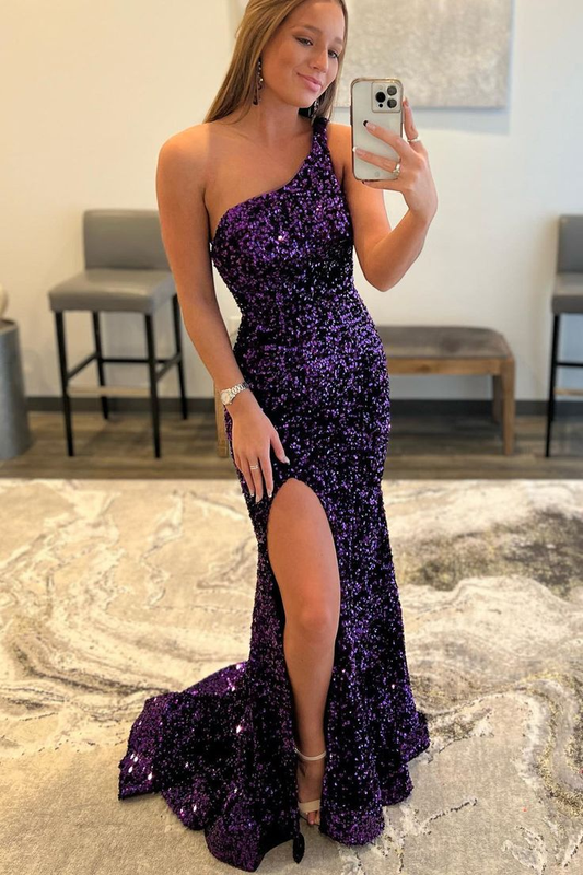 One Shoulder Purple Sequin Mermaid Long Prom Dress cc1022