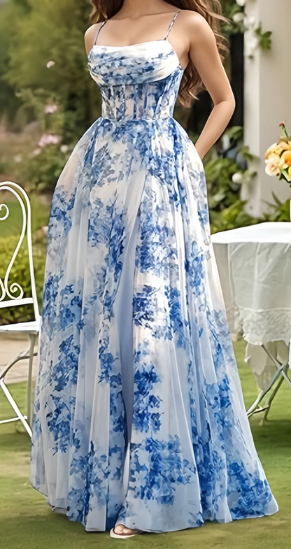 Elegant Spaghetti Strap Blue Chiffon Print Floral Prom Dress ,Formal Slit A Line Evening Dress cc2731