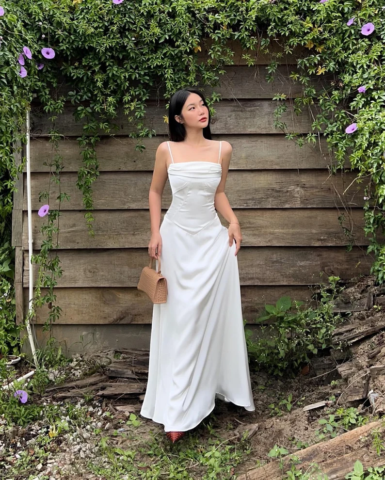 Simple White Satin Spaghetti Straps A Line Party Dress Elegant Prom Dress Evening Gown cc1890