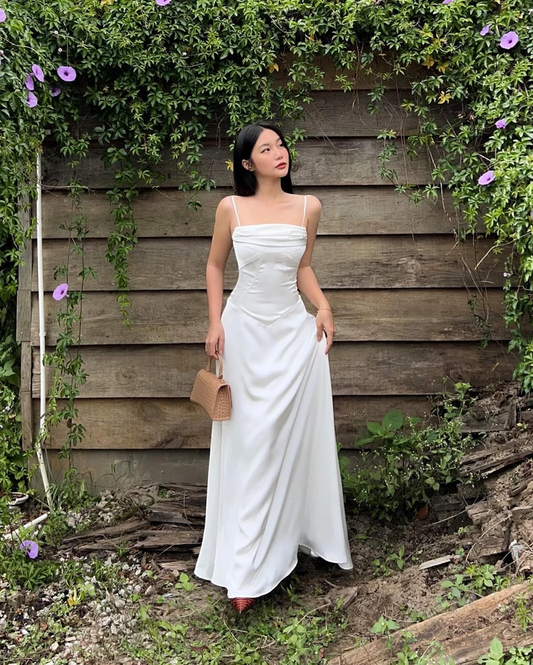 Simple White Satin Spaghetti Straps A Line Party Dress Elegant Prom Dress Evening Gown cc1890