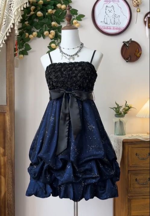 Vintage Spaghetti Straps Rose Flowers Cocktail Dress Navy Blue A Line Homecoming Dress cc3112