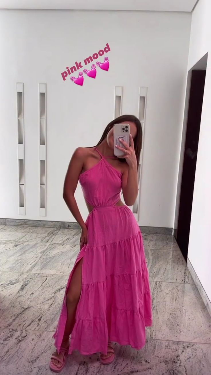 Beautiful Hot Pink A Line Party Dress Waist-baring Slit Evening Dress cc1572