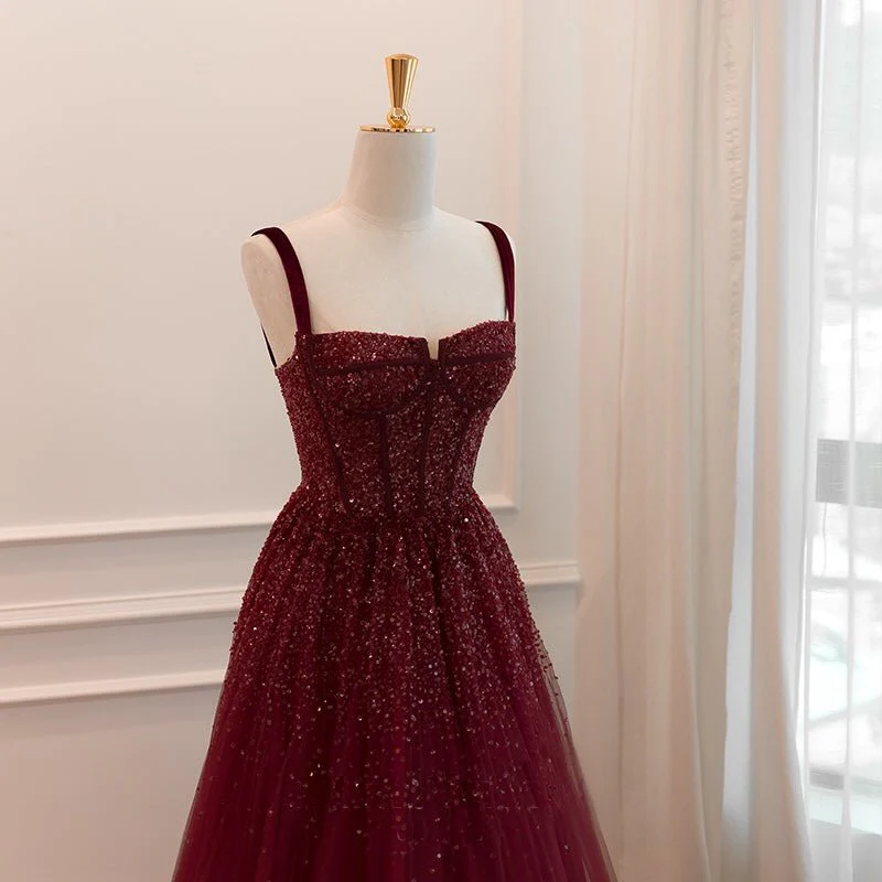 Burgundy Tulle Sequins A Line Ball Gown Glitter Party Evening Dress cc1574