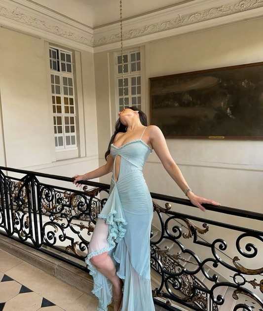 Chic Spaghetti Straps Tulle Chiffon Evening Dress Sexy Pleated Party Dress cc1650