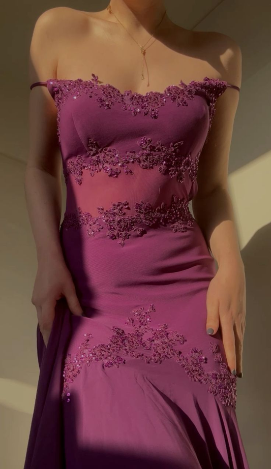 Newest Plum Purple Spaghetti Straps Prom Dress Spaghetti Straps Chiffon Appliques Party Evening Gown cc1600