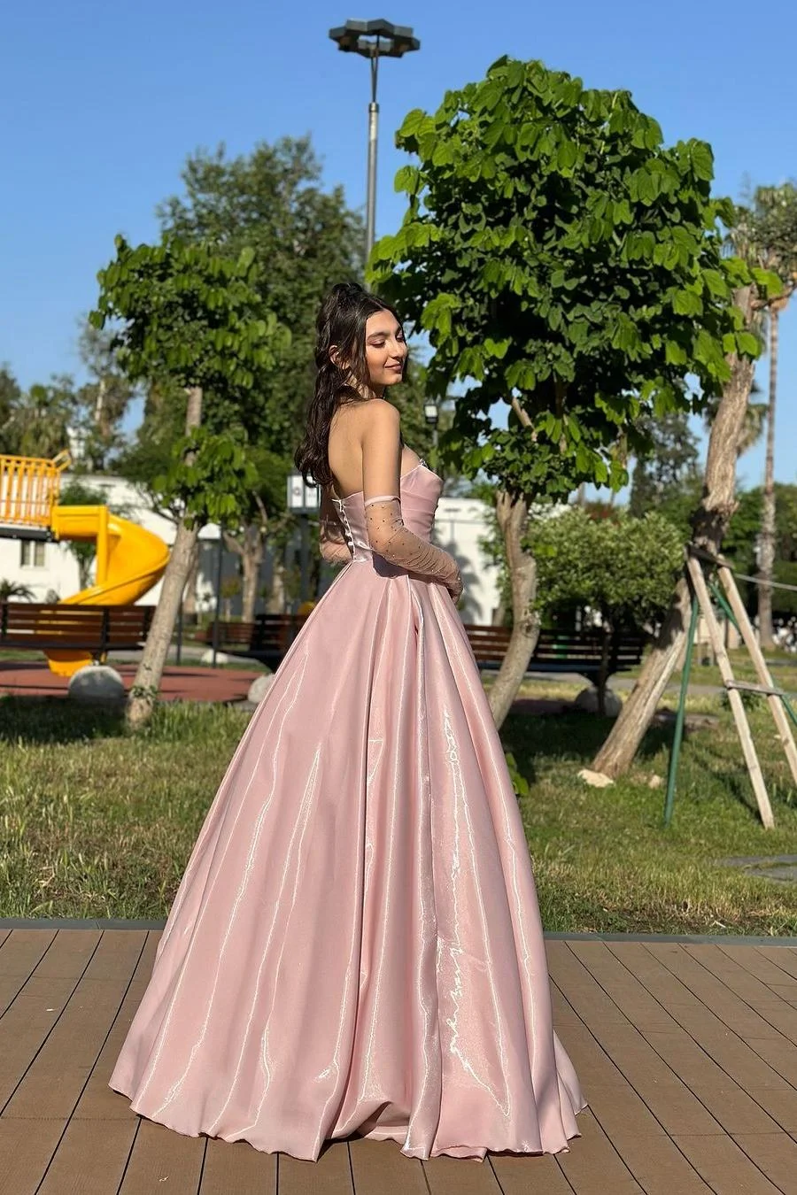 Elegant Pink Satin Beaded Evening Dress Formal Prom Dress With Gloves cc1660