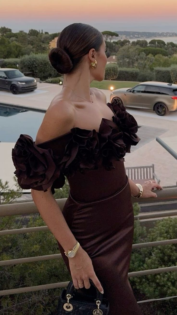 Fashion Brown Off The Shoulder Pleated Flowers Evening Dress Mermaid Prom Party Dress cc1566