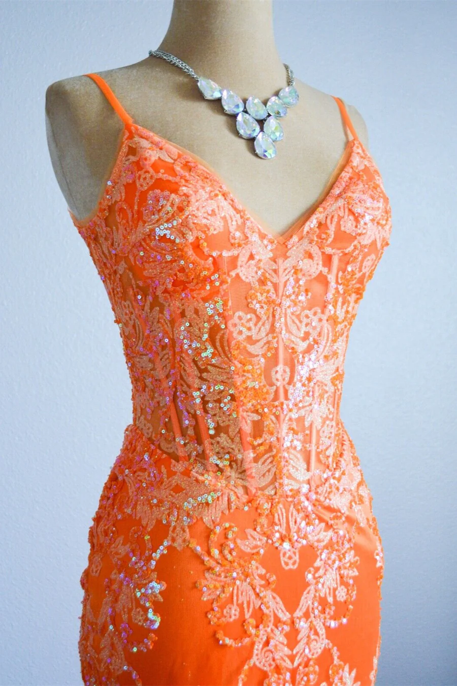 Orange Mermaid Spaghetti Straps Sequins Applique Long Prom Dress  cc1002