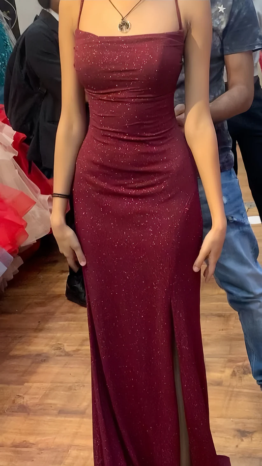 Shiny Burgundy Mermaid Split Prom Party Dress Long Evening Gown cc1825