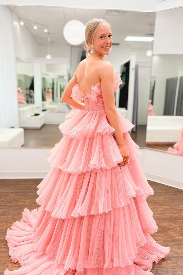 Strapless Layered Pink Tulle Long Prom Dress, Long Pink Formal Evening Dress cc776