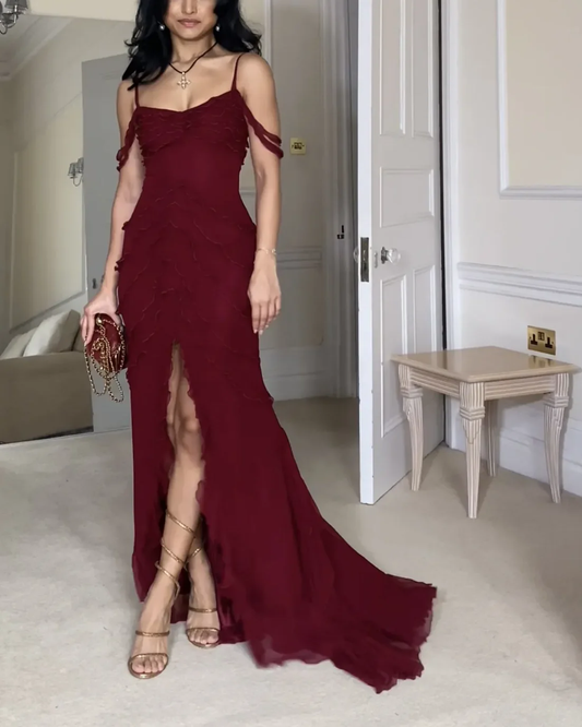 Burgundy Off Shoulder Straps Multi-layered Ruffles Long Prom Dress Chiffon Evening Dress cc1433