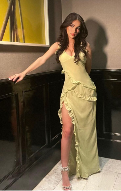 Sexy Spaghetti Straps Yellow Slit Ruffles Evening Dress Long Party Prom Dress cc1719