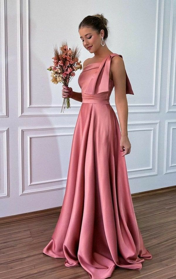 Women's One Shoulder Pink Satin Long Evening Dress  cc605