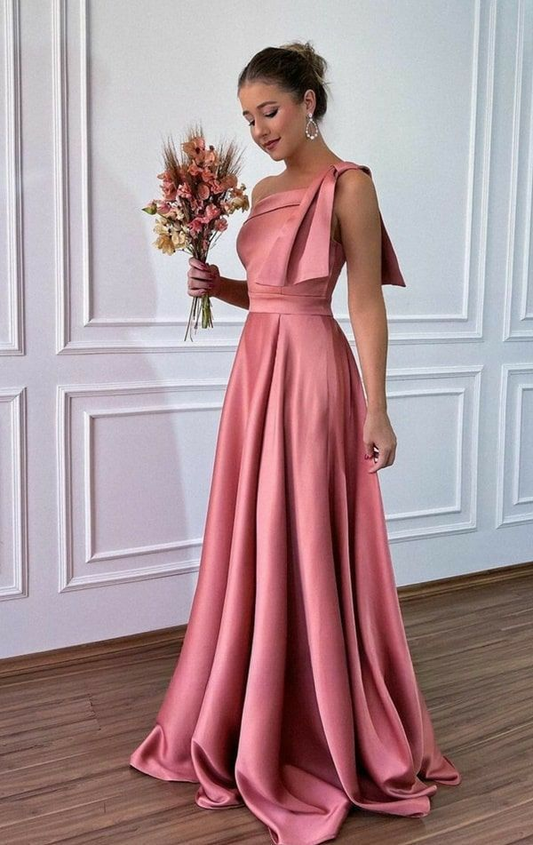 Women's One Shoulder Pink Satin Long Evening Dress  cc605